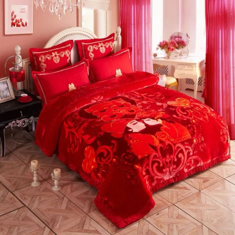 大红色毛毯拉舍尔加厚5-12斤双面盖毯婚庆被加厚喜被独立站跨境