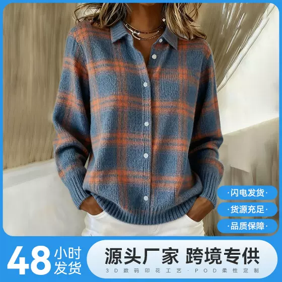 2025新款跨境女士衬衫翻领开衫上衣纯色针织3D印花欧美圣诞秋冬季