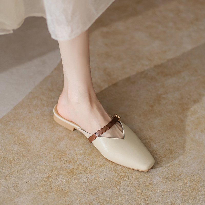 Xinyuda ~ genuine leather closed toe half slippers women's outer wear new flat single-layer shoes Muller shoes lazy Sandals sandals