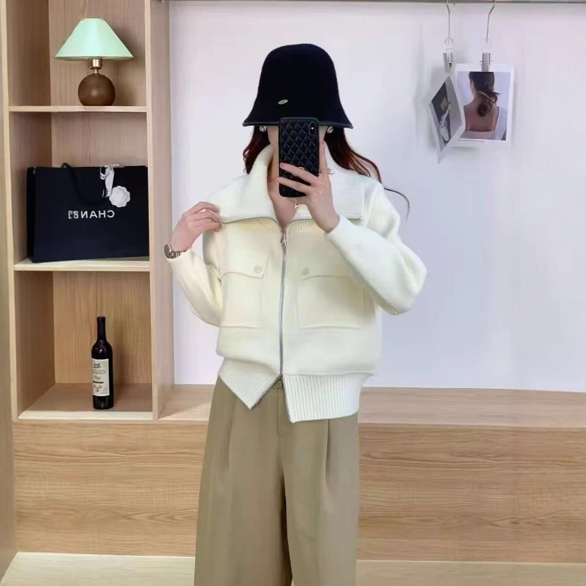 American-Style Casual Double-Pocket Stand-Collar Zip-Up Thick Short Sweater Cardigan Jacket for Women 2025 Autumn/Winter Top for Women