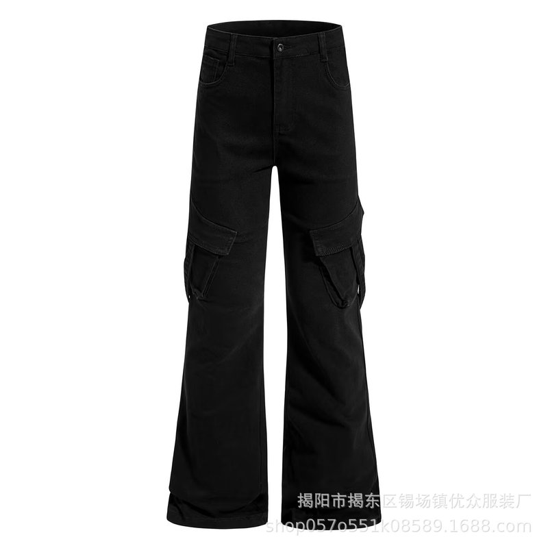 Black High-Waisted Cargo Pants for Women, Autumn and Winter New Style, Large Size, High Street Trendy Design, Versatile Slimming Straight-Leg Jeans