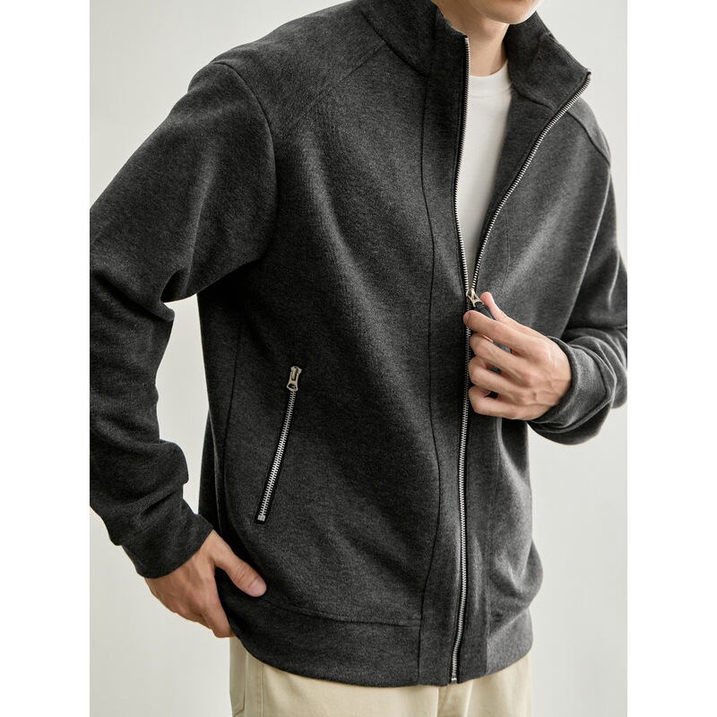 LUUD heavyweight 400g vertical split brushed casual jacket with floral yarn blend knit and stand-up collar for men