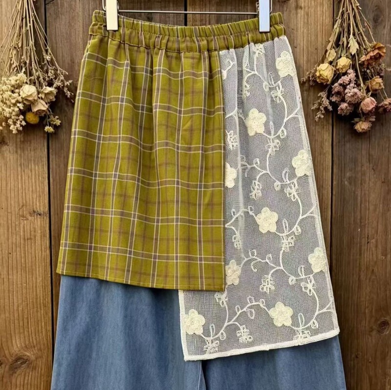 2026 Summer New Women's Denim Pants, Artistic Style, Export Casual Style, Sweet Color-Blocking Plaid Straight-Leg Pants