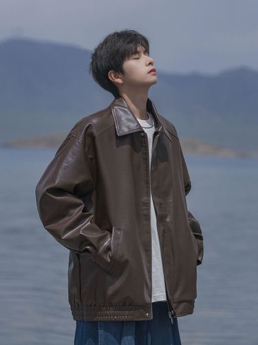 American street-style PU leather jacket for men, autumn trendy brand retro motorbike suit, loose men's leather coat