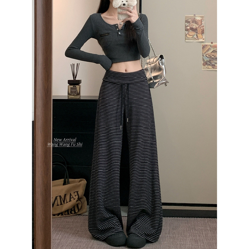 条纹抽绳松紧腰休闲裤女2025秋季新款慵懒风高腰显瘦阔腿直筒长裤|undefined