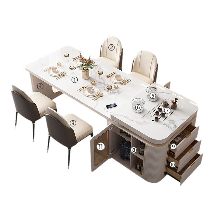 Mesa de comedor de plataforma de isla, placa de roca retráctil integrada, multifuncional con cocina de inducción, escritorio guía minimalista moderno de lujo ligero para el hogar, mesa y silla