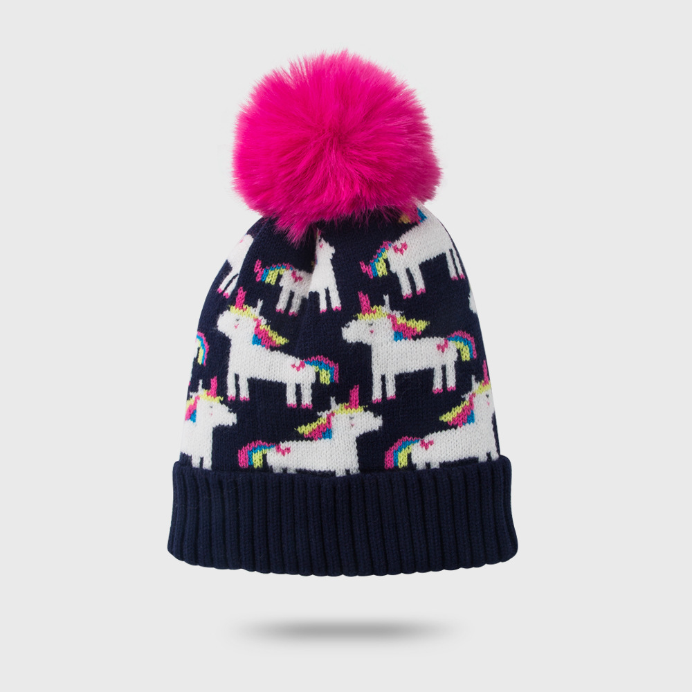 Children's Woolen Hat Autumn And Winter Plus Velvet Thickening Cartoon Rainbow Horse Jacquard Woolen Ball Knitted Hat display picture 7