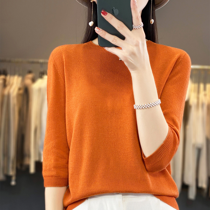 2025 Early Spring New Fine-Spun Base Shirt, Round Neck, Half-Sleeve, Loose Solid Color Short-Sleeve Knit Top