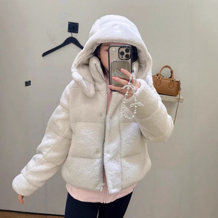 2024 autumn and winter new hat badge decoration environmental protection hair four grid stand collar hooded down jacket jacket coat women