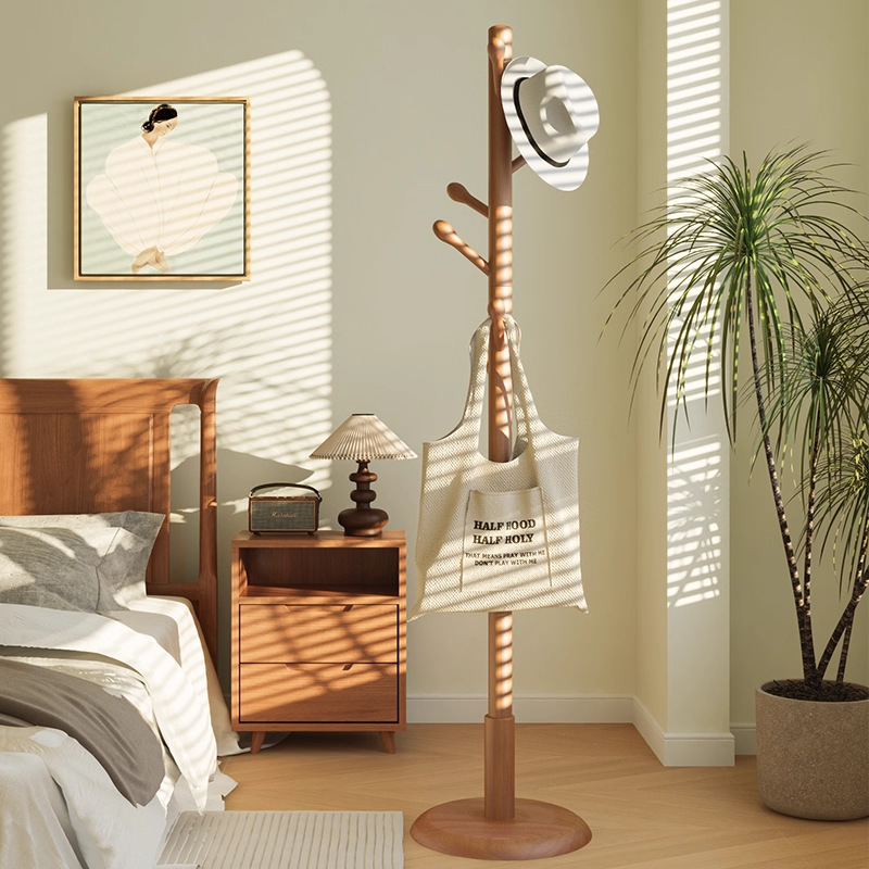 Solid Wood Clothes Rack, Floor-Standing Coat Rack, Bedroom Household Clothes Hanger, Simple Vertical Beech Wood Clothes Rod, Indoor Bag Rack