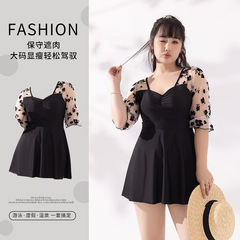 2023 new women's swimsuit conservative large size one-piece skirt style black fat mm covering flesh internet celebrity long-sleeved hot spring swimsuit