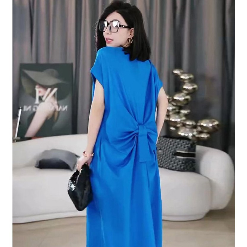 Đầm thun Klein xanh dương phong cách Pháp mùa hè dáng suông — Màu xanh lam chi tiết 2