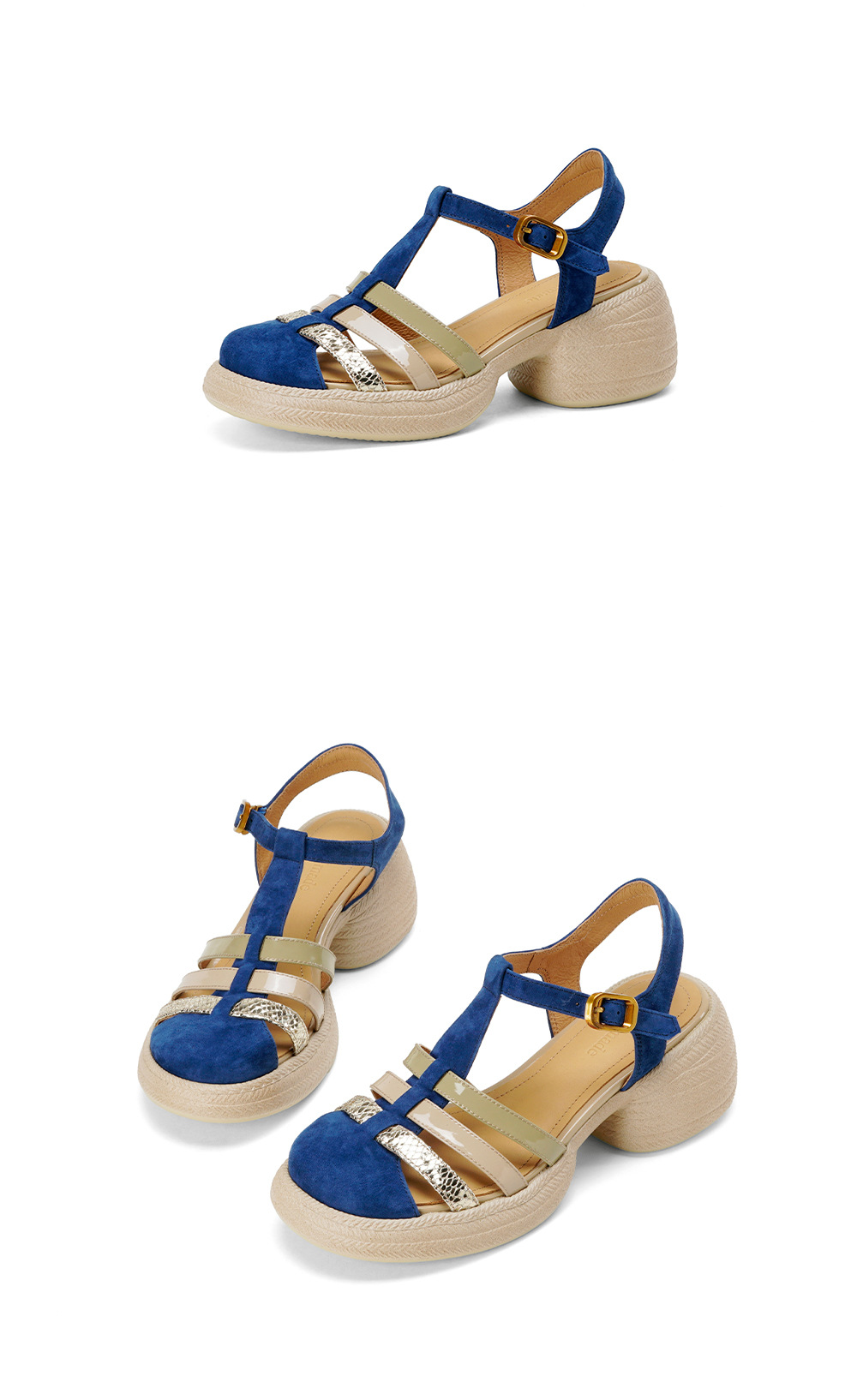Sandal nữ quai chữ T đan dây đế dày gót thô 6.5cm phong cách La Mã — Màu xanh da trời chi tiết 18