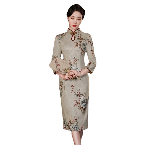 silver pink floral qipao dress chinese dress Suede bronzing mid-sleeve mid-length cheongsam banquet daily improved cheongsam skirt