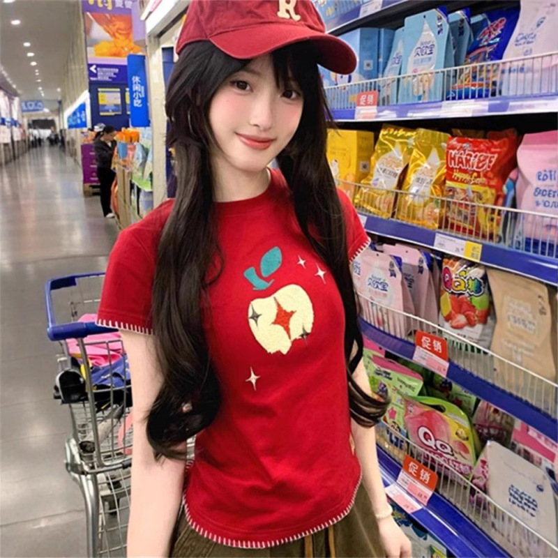 Apple刺繍右肩スリム半袖Tシャツ女性用夏のホットガールスタイルデザイン痩身と年齢軽減トップ半袖トレンディ|undefined