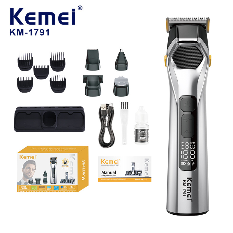 Cortapelos Eléctrico KM-1791 5 en 1, Acero Fino, Impermeable, Lavable, Recargable USB