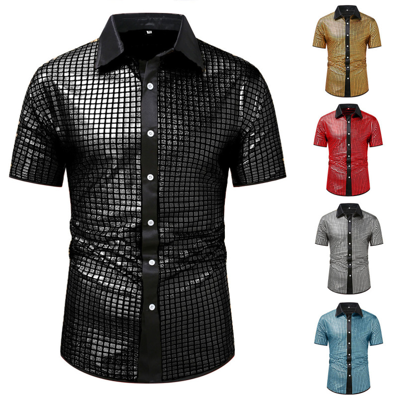 Cross-Border 2025 Men's Short-Sleeve Plaid Shiny Button-Up Shirt Cosplay Costume Turn-Down Collar Shiny T-Shirt Shirt Cross-Border 2025 Men's Short-Sleeve Plaid Shiny Button-Up Shirt Cosplay Costume Turn-Down Collar Shiny T-Shirt Shirt