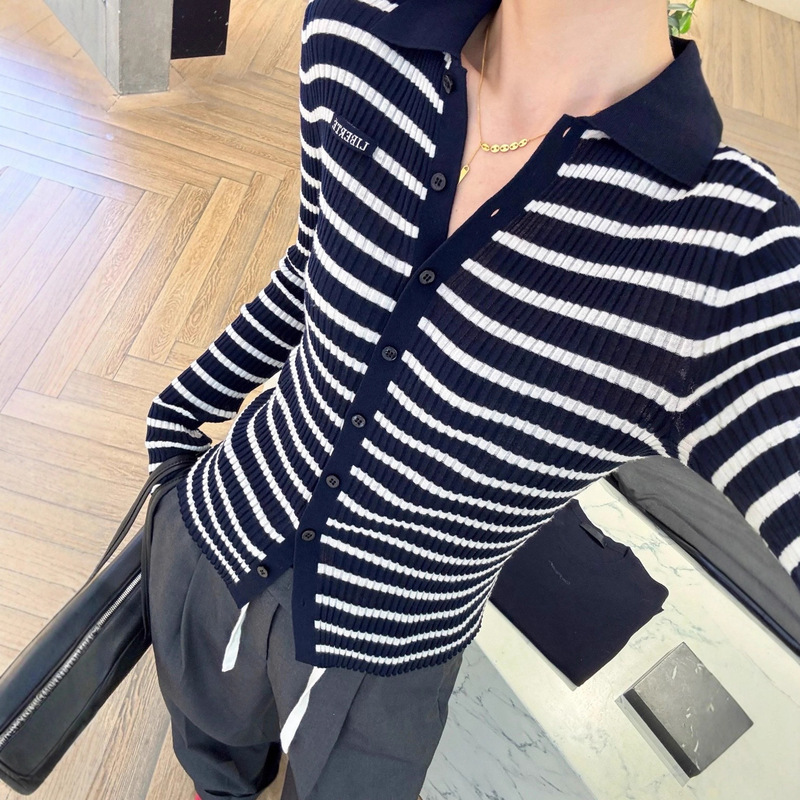 Mo25 Autumn New Striped Ribbed Cotton Wool Knit Cardigan Women's Long-Sleeve Elegant Commuter Top Early Autumn Thin Style