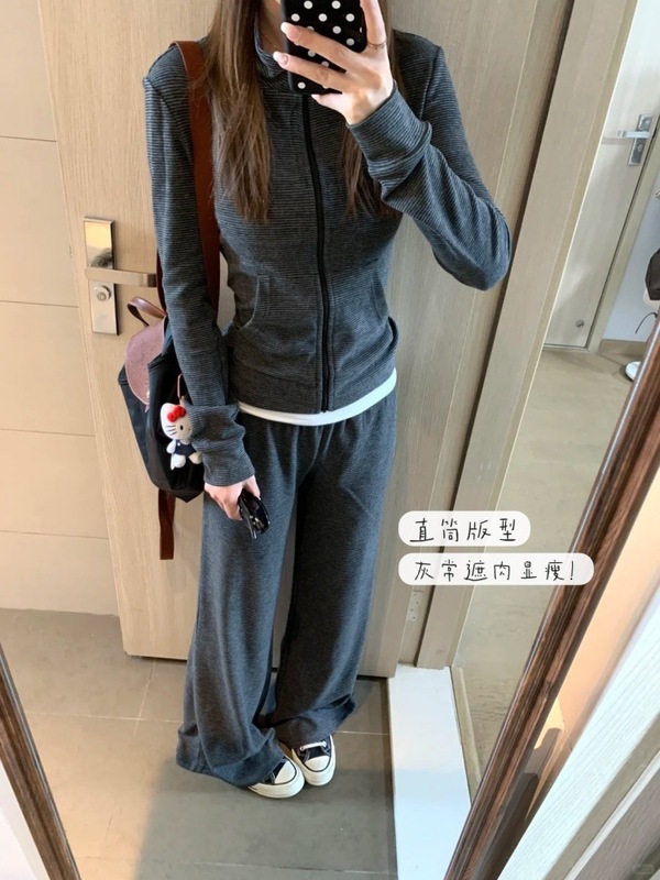 灰色细条纹休闲运动套装女修身正肩上衣外套秋季2025新款老钱风|undefined