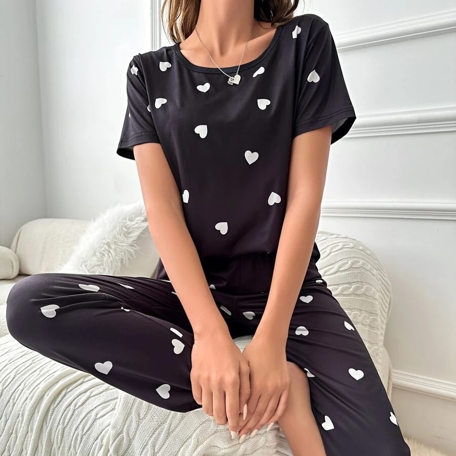 2024 Four Seasons Cross-border Comercio exterior europeo y americano Ropa de mujer Amazon Cuello redondo de gran tamaño Manga larga en forma de corazón Print Home Service Pijamas