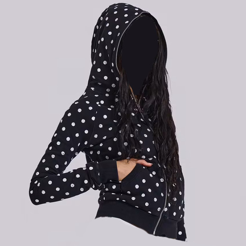 European and American women's unique polka-dot print zip-up slim-fit sweatshirt, long-sleeve pullover hoodie, vintage-style jacket