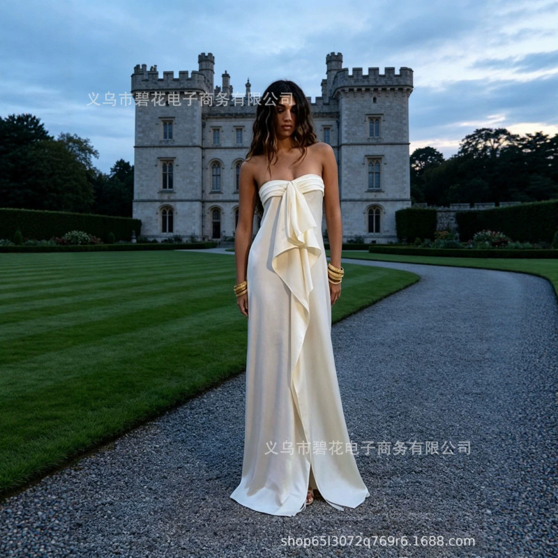Cross-Border European and American Style Summer New Women's Solid Color Waist-Cinching Slim-Fit Ruched Slit Satin Long Dress Cross-Border European and American Style Summer New Women's Solid Color Waist-Cinching Slim-Fit Ruched Slit Satin Long Dress