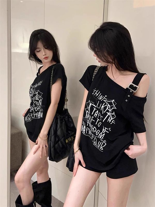 American-Style Hong Kong Fashion Spicy Girl Off-Shoulder Short-Sleeve T-Shirt for Women, Summer Design, Niche Style, Sweet and Cool, Loose Fit, Slimming Top