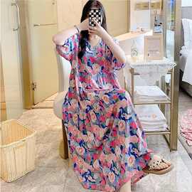 仅用于产品展示勿拍-棉绸睡裙碎花短袖女夏季薄款大尺码宽松到脚