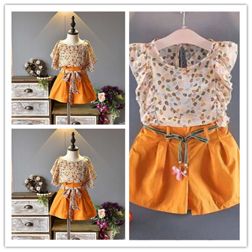 Women's Summer Set New Korean Style Children's Clothing Middle and Small Girls Baby Chiffon Short Sleeve + Short Pants Set Manufacturer Direct