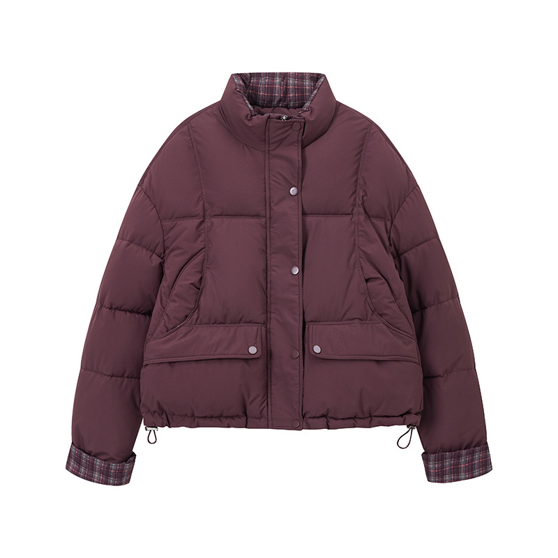 2025 invierno simple coreano empalme cuadrícula manga de cuello de plumón damas chaqueta corta chaqueta de pan chaqueta superior image 5