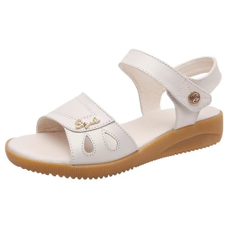 Sandalias y pantuflas de cuero suave para mujer, suela suave, madre, suela suave con tacón grueso, suela suave, zapatos frescos antideslizantes para damas de mediana edad y ancianas