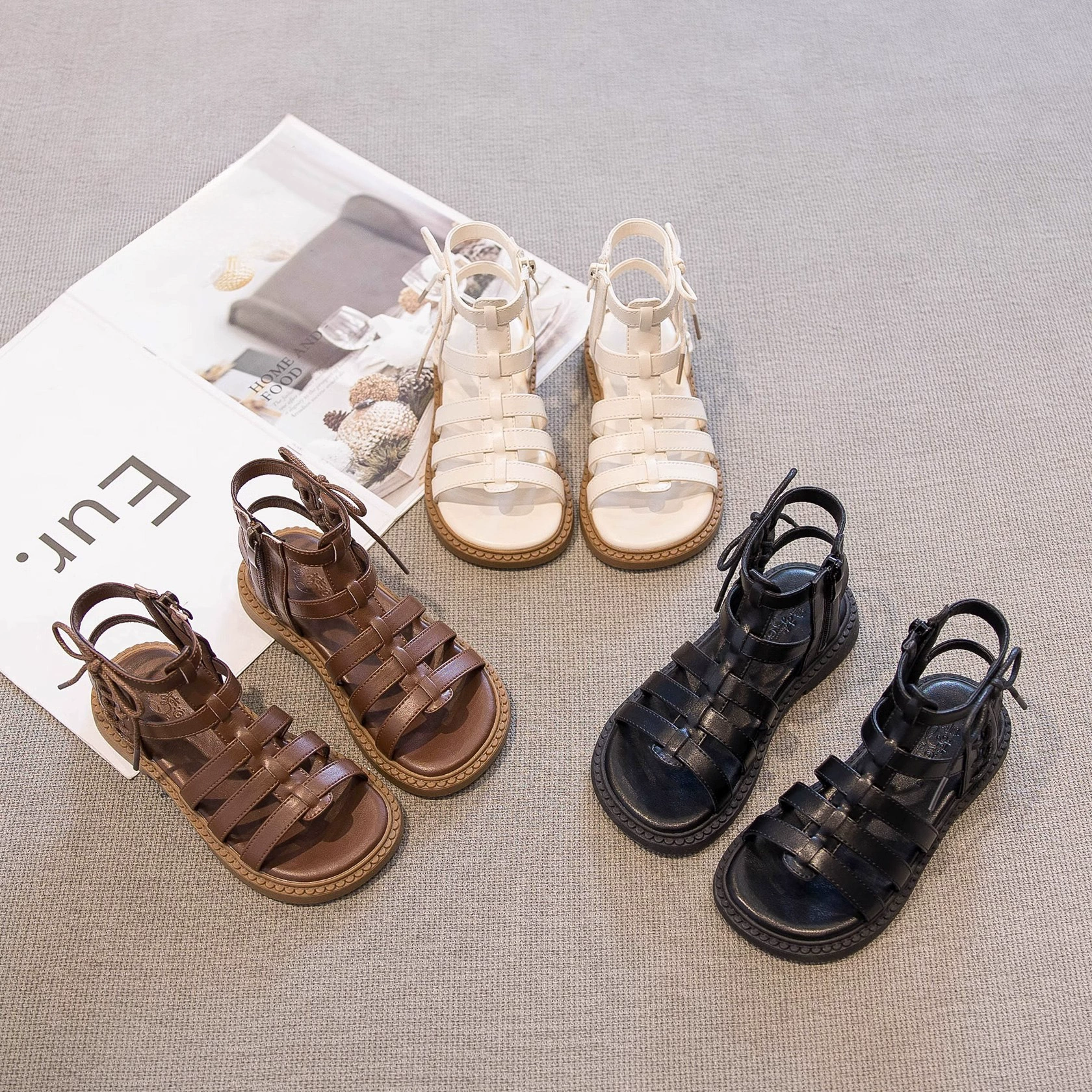 Римские сандалии для девочек с открытым носком, новинка лета 2024, детская обувь, пляжная обувь в стиле принцессы, средние и большие для маленьких девочек