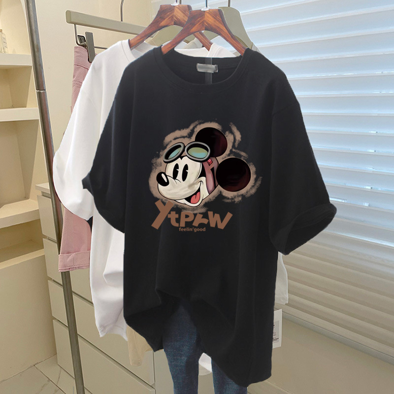 サメパンツ付き純綿半袖Tシャツレディースミドル丈ゆったりカジュアル大きいサイズトップスピンクボトムシャツ夏|undefined