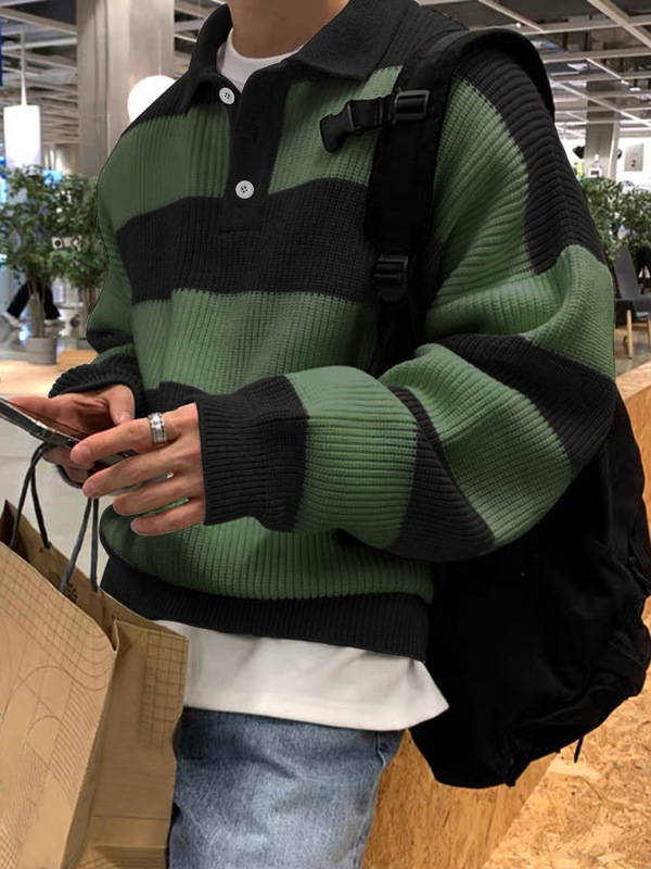 亚马逊跨境欧美翻领长袖针织拼色休闲装男士毛衣时尚柔软保暖6003|undefined