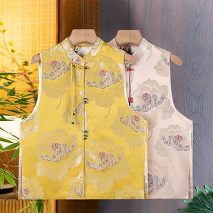 Guofeng Vintage Jacquard Vest Jacket Women's 2024 Spring New Beaded Button Collar New Chinese Style Top Vest