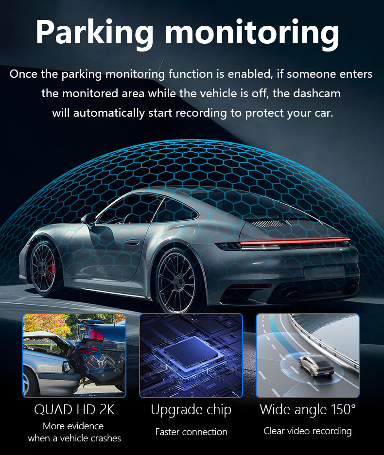 5-lens dashcam with infrared night vision, HDR ultra-clear video recording, WiFi mobile phone connectivity, and collision detection
