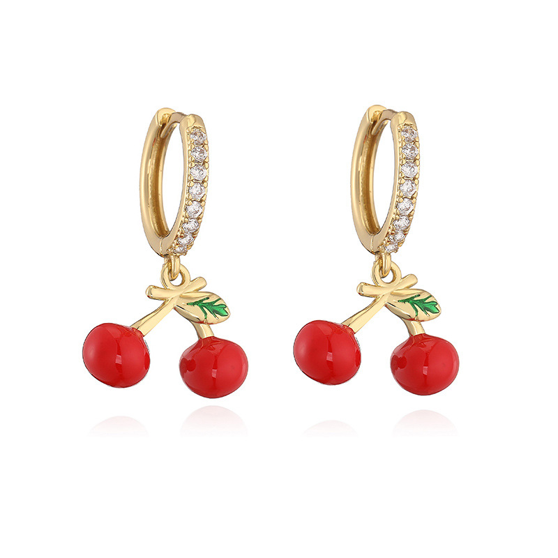 6g Weight Copper Ear Needle Material Zircon Inlay Material Charm Sleeper Hoop Earrings, Earrings Classification 1 Pair Quantity Holiday, Banquet, Daily Occasion Copper Material Cherry, Heart Shape Pattern Women's Gender Inlay Design Sweet Style 1 Pair Sweet Cherry Heart Shape Inlay Copper Zircon Earrings 10