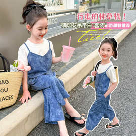 2026女童夏季新款韩系满印花白t套装两件套套装简约时尚气质款