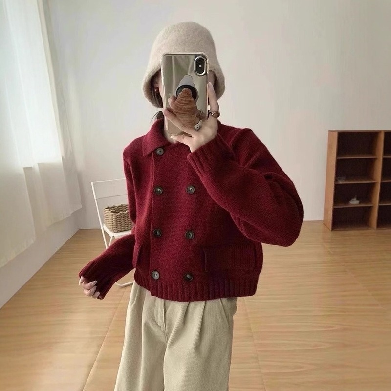 2025新款跨境秋冬新款双排扣假口袋翻领针织开衫毛衣外套女士外套|undefined