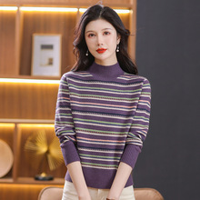2025年新款半高领条纹毛衣女秋冬装时尚减龄妈妈宽松针织打底衫