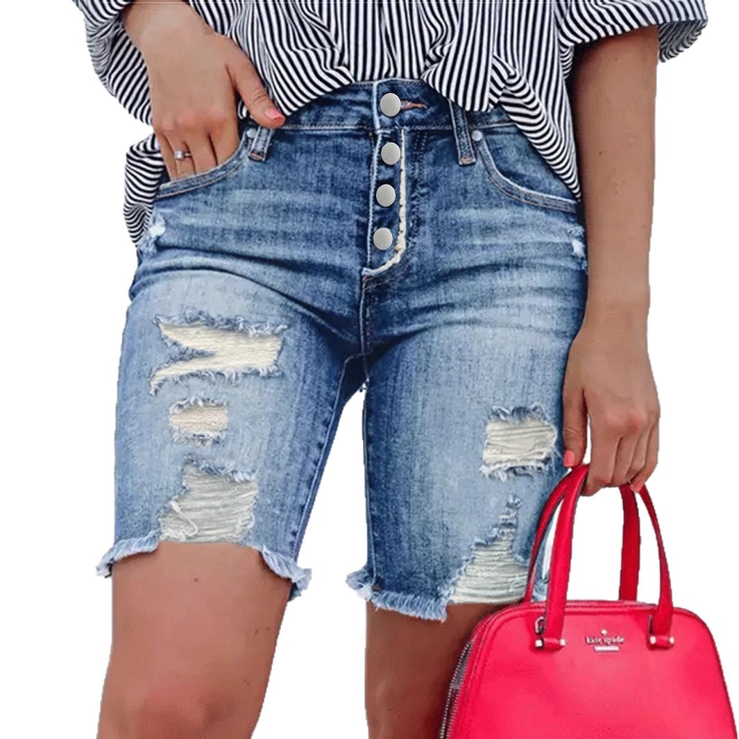 Shorts de Mezclilla Rotos para Mujer de Algodón y Poliéster Elástico Cintura Media