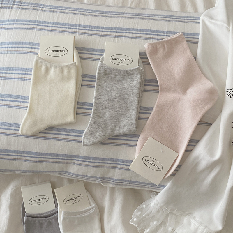 suxinaimin 春秋薄手無地ソックス インス風シンプルモランディカラー 秋用ショートソックス レディース綿ソックス|undefined