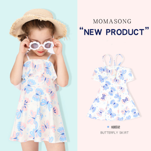 New children's swimsuit skirt style girl's one-piece swimsuit small fresh butterfly baby girl split suspender hot spring swimsuit