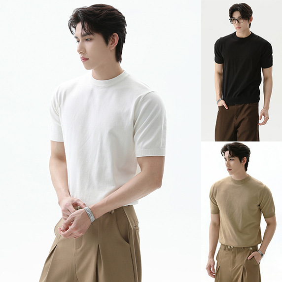 Knitted Short-Sleeve T-Shirt for Men, Solid Color, Round Neck, Versatile, Old Money Style, Ice Silk, Summer, Cross-Border Factory Wholesale