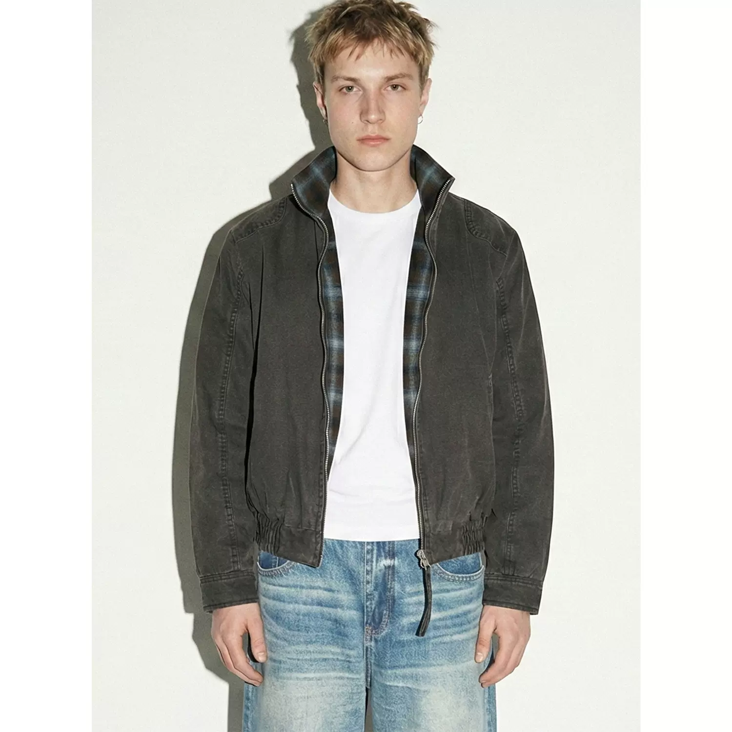 易盛易 深冬双面穿夹克美式复古渐变格纹立领加厚保暖棉服外套男