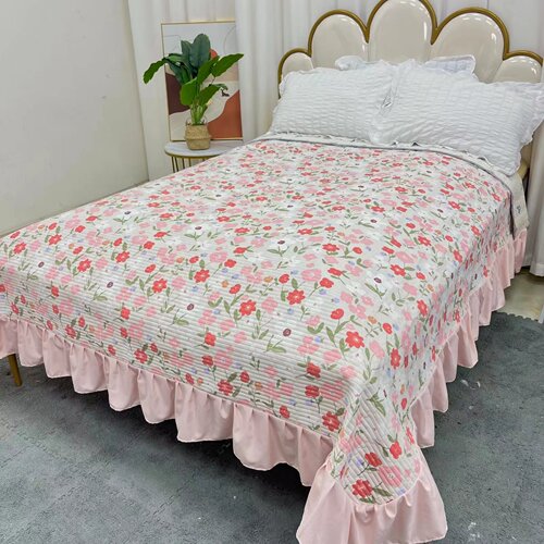 Small fresh cotton and linen lace bed cover for all seasons, quilted bed skirt, double-sided blanket, machine washable tatami sheets