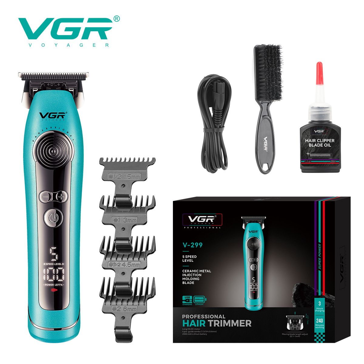 VGR299 Electric Hair Clipper Professional High Speed 9000RPM 5 Speed Acceleration Digital Display Engraving Function 5.5W_voghion.com