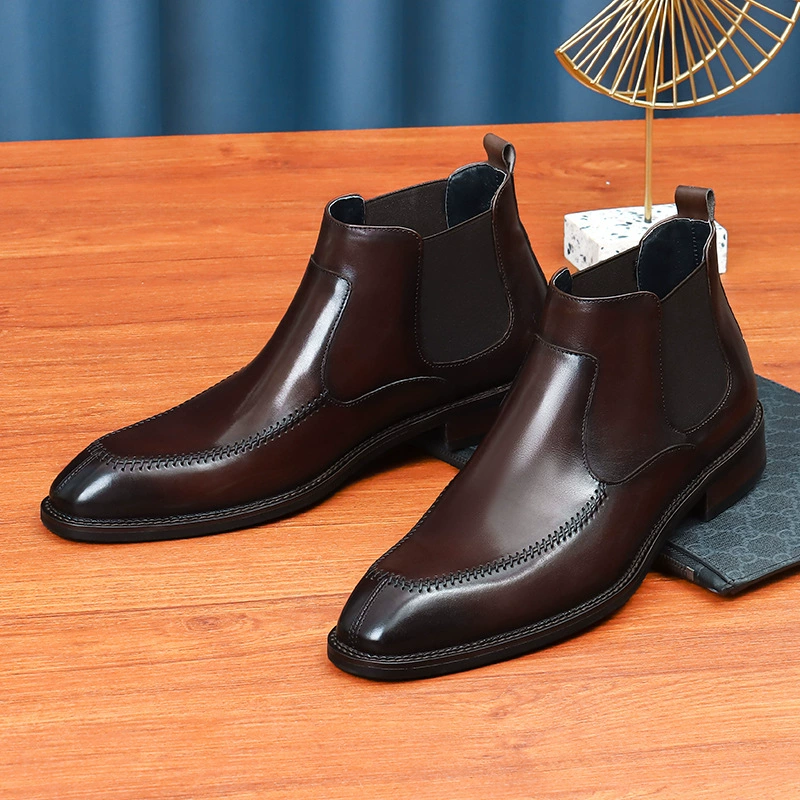 Деловые официальные высокие кожаные ботинки первого слоя из воловьей кожи, зимние британские Ботинки Челси с острым носком, простые черные мужские ботинки с коротким стволом