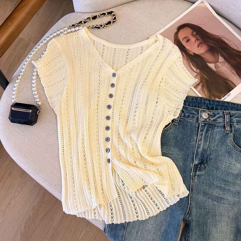 French-Style V-Neck Hollow-Out Ribbed Ice Silk Knit T-Shirt for Women, New Summer Fashion with Small Flutter Sleeves and Buttoned Cardigan Short Top French-Style V-Neck Hollow-Out Ribbed Ice Silk Knit T-Shirt for Women, New Summer Fashion with Small Flutter Sleeves and Buttoned Cardigan Short Top