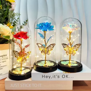 永生花玻璃罩发光金箔玫瑰花情人节圣诞节礼物创意小夜灯摆件跨境